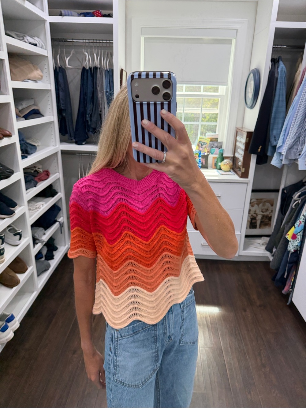 Amazon Gradient Wave Knit Top in Pink-Orange-Cream S